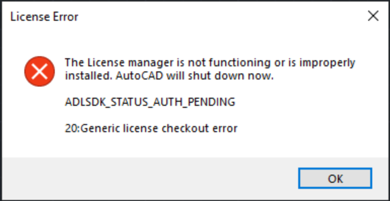 The License Manager is not functioning or is improperly installed AUTOCAD. AUTOCAD License Error. Registration Error. AUTOCAD License checkout timed out.