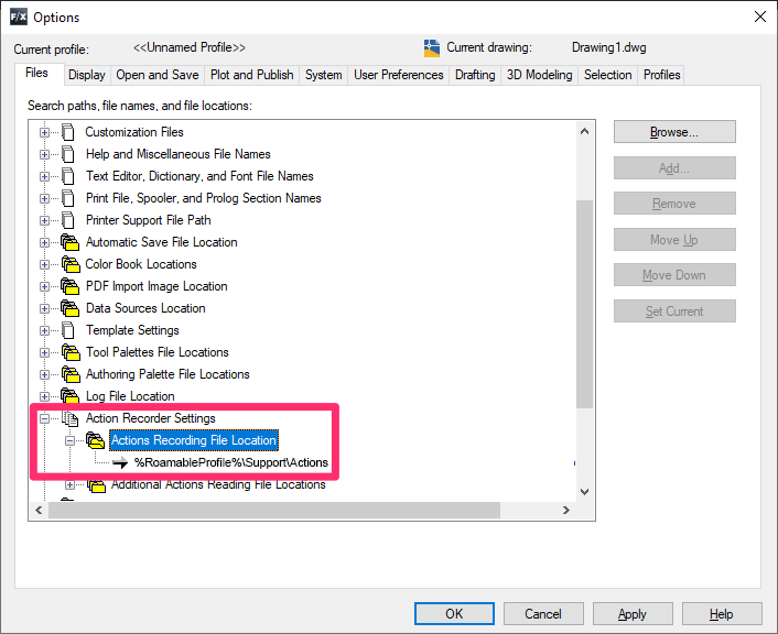 Action Recorder Settings > Actions Recording File Location needs to point to the full path