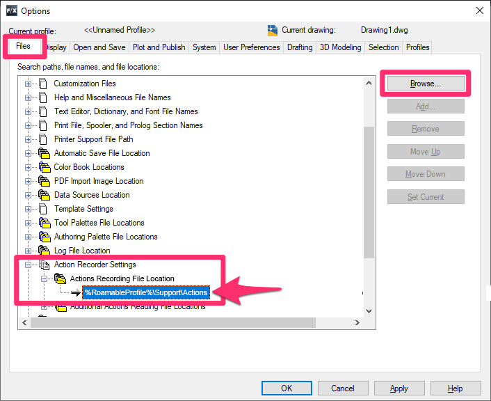 Select Actions Recording File Location, then click Browse