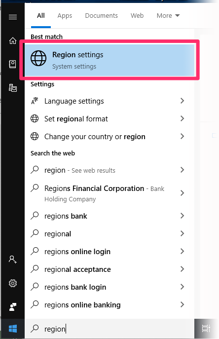 Start menu, Region settings option