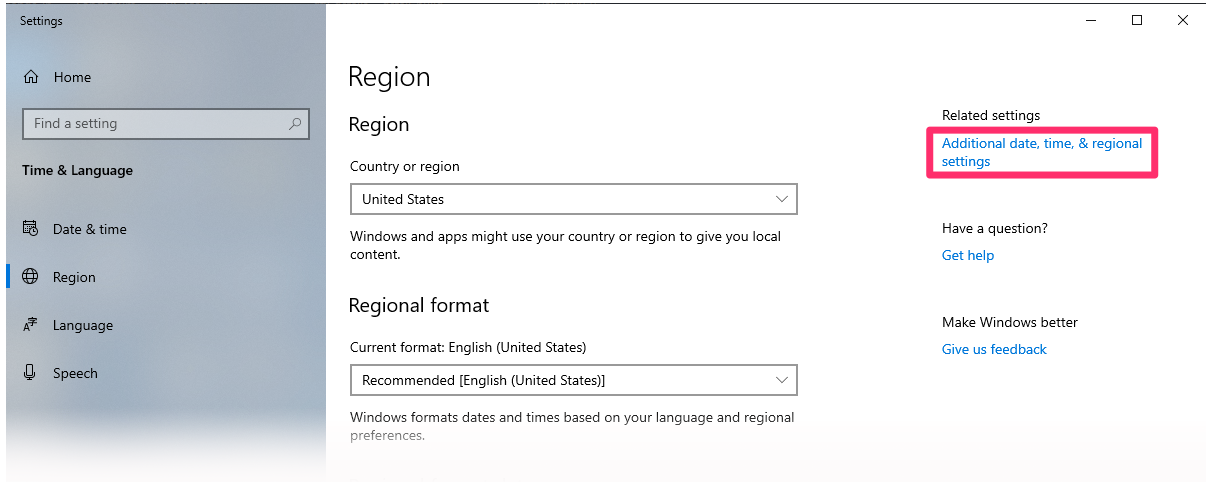 Region dialog box, Additional date, time, and regional setting