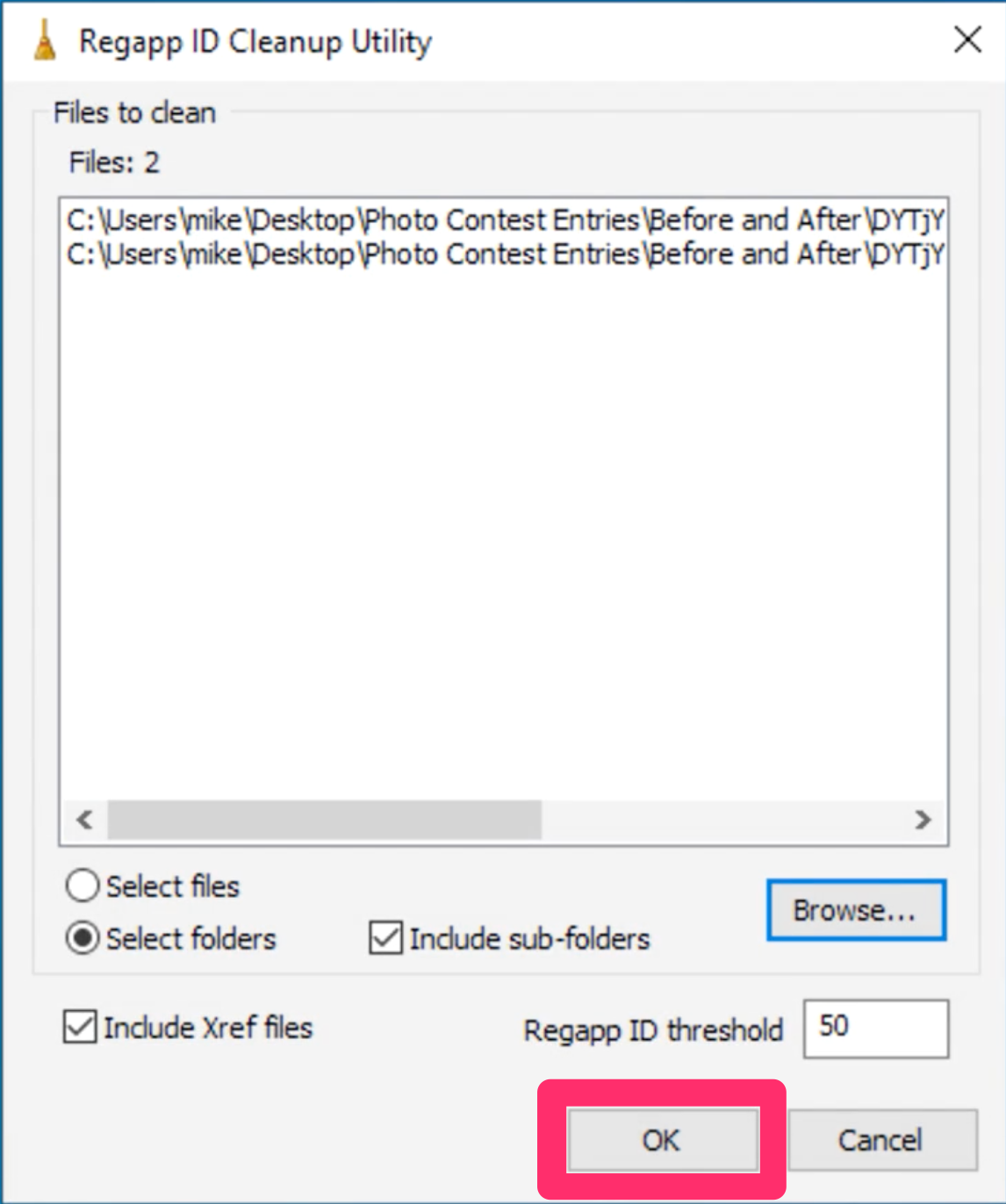 The files are listed in the cleanup utility dialog box