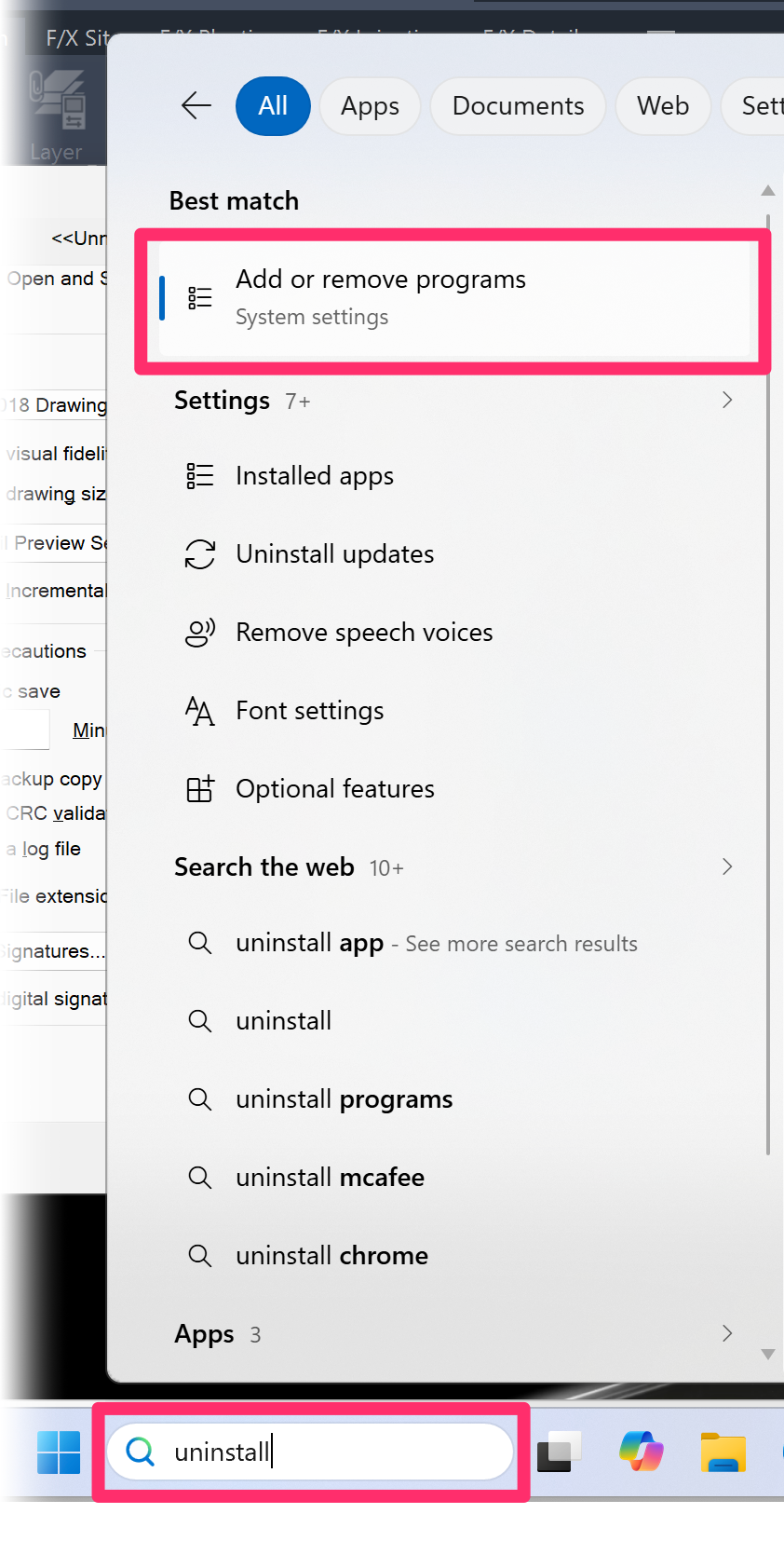 Windows Start menu showing Add or remove programs option