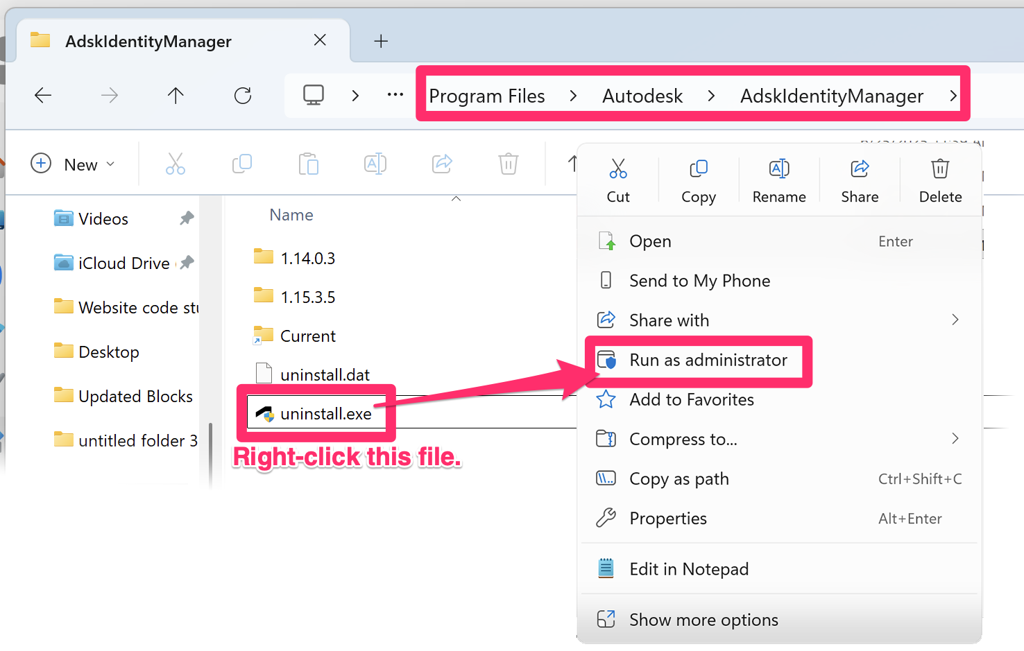 Running the file Uninstall.exe as an administrator from the location C:\Program Files\Autodesk\AdskIdentityManager\