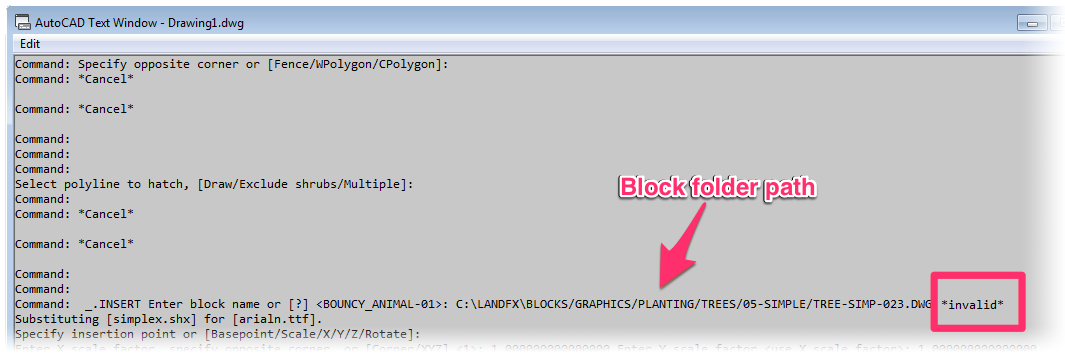 AutoCAD Text Window dialog box with *invalid* at end of source block folder path