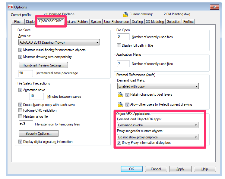 Options dialog box, Open and Save tab, ObjectARX settings