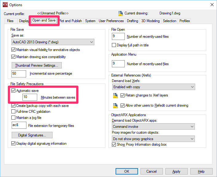 Cad Options dialog box