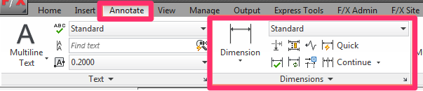 Annotate tab, dimensions panel