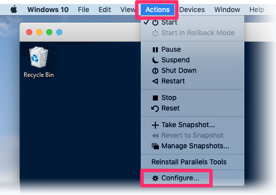 Open Windows, Actions and Select Configure