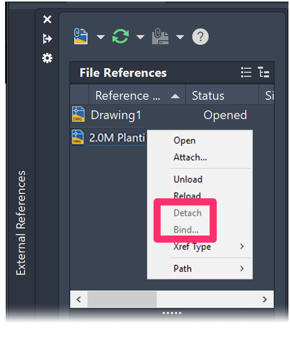 Menu in External References Manager with Detach and Bind options grayed out