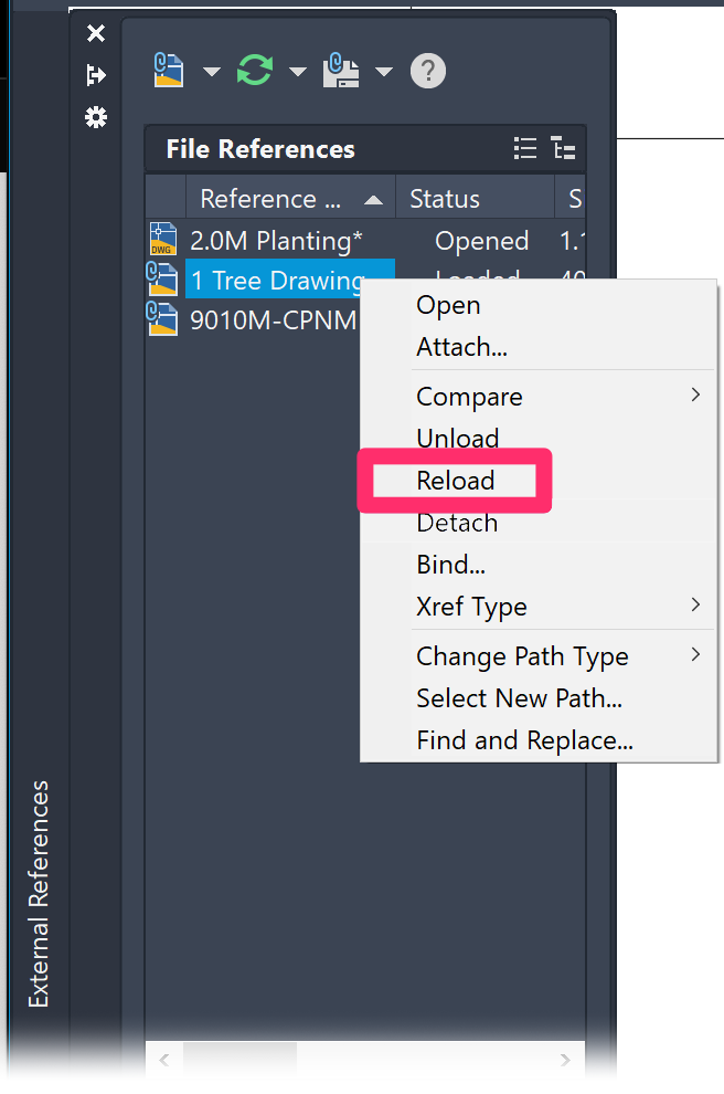 Xref Manager, Reload menu option