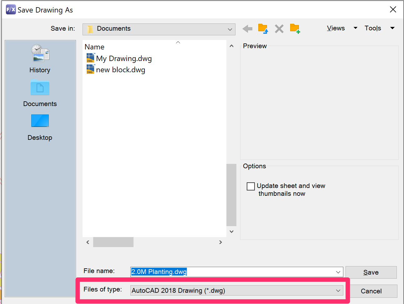 Save Drawing As dialog box showing DWG file version in the Files of type menu