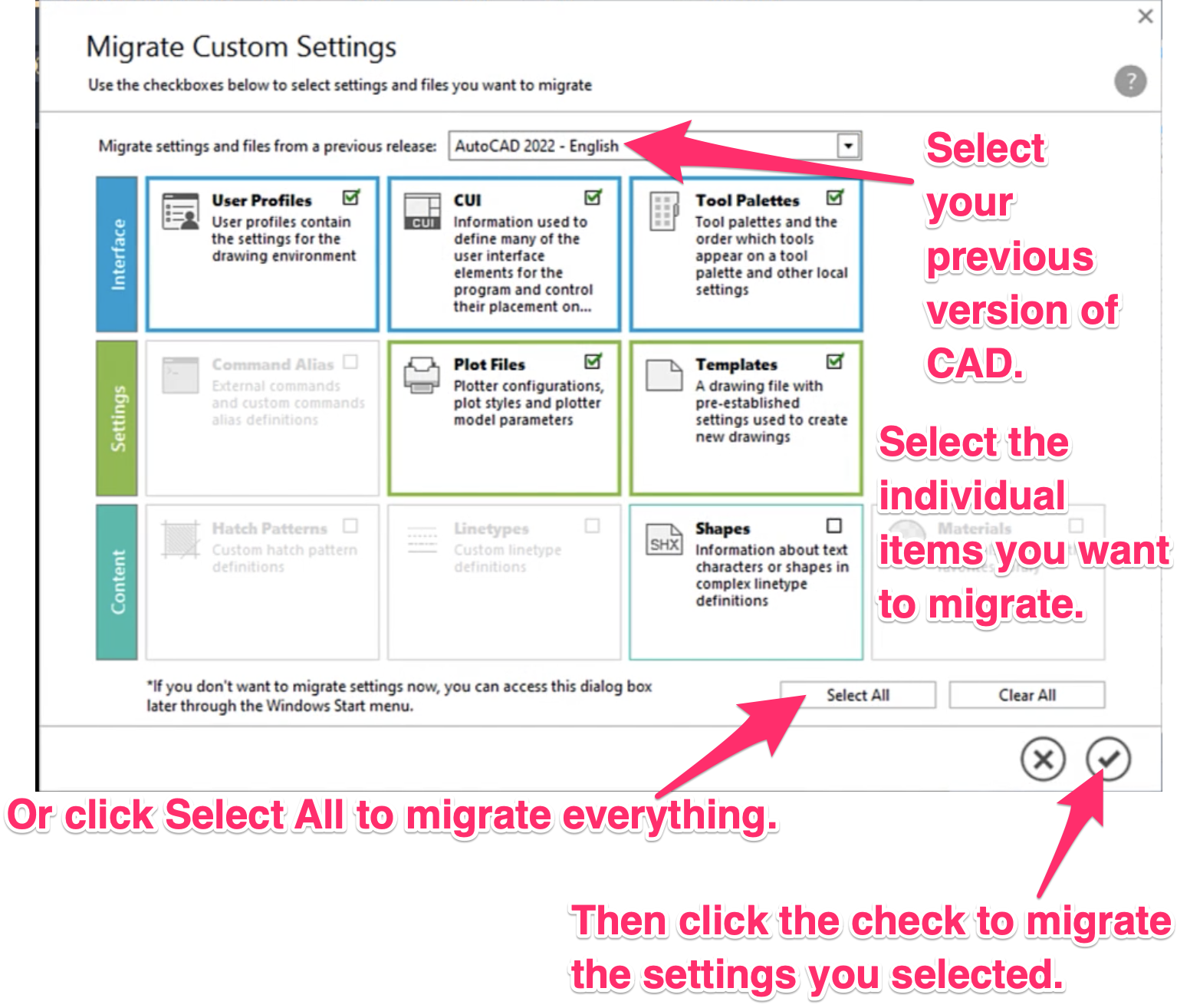 Migrate Custom Settings dialog box, overview