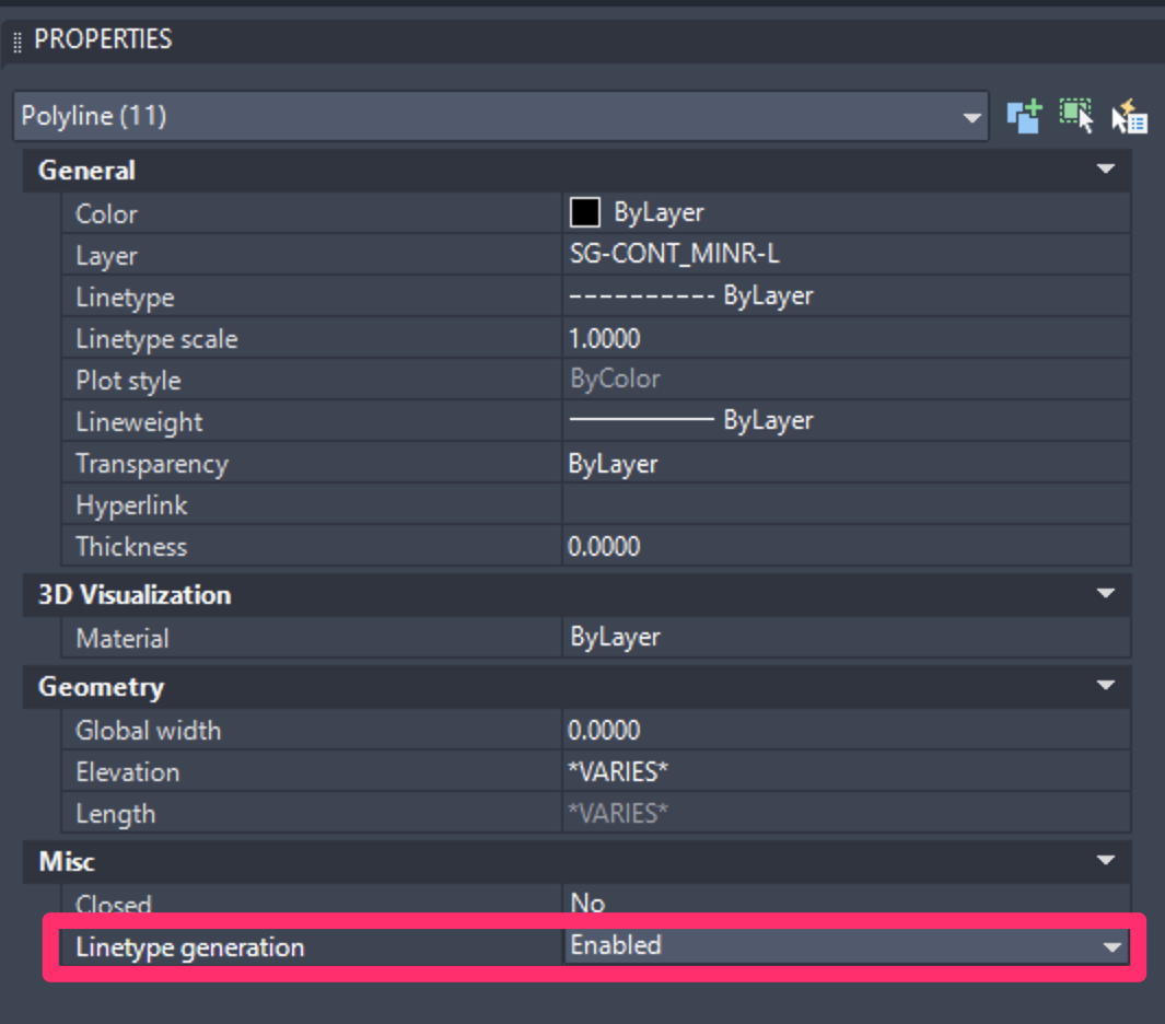 Linetype generation setting enabled in Properties