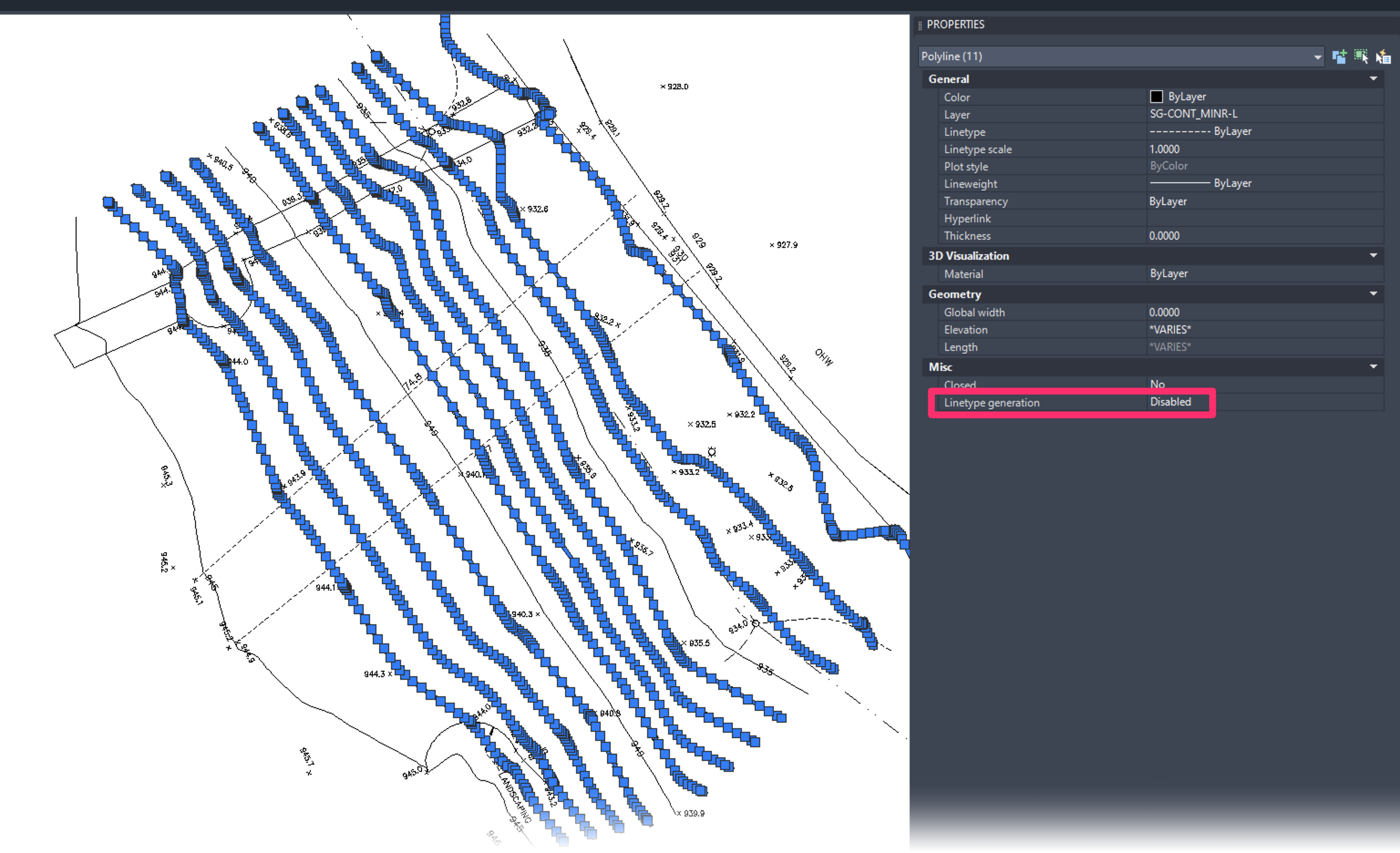 Linework with Linetype generation setting disabled in Properties