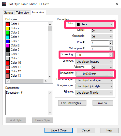 Lineweight settings