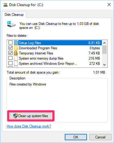 Disk Cleanup dialog box, Clean up system files button