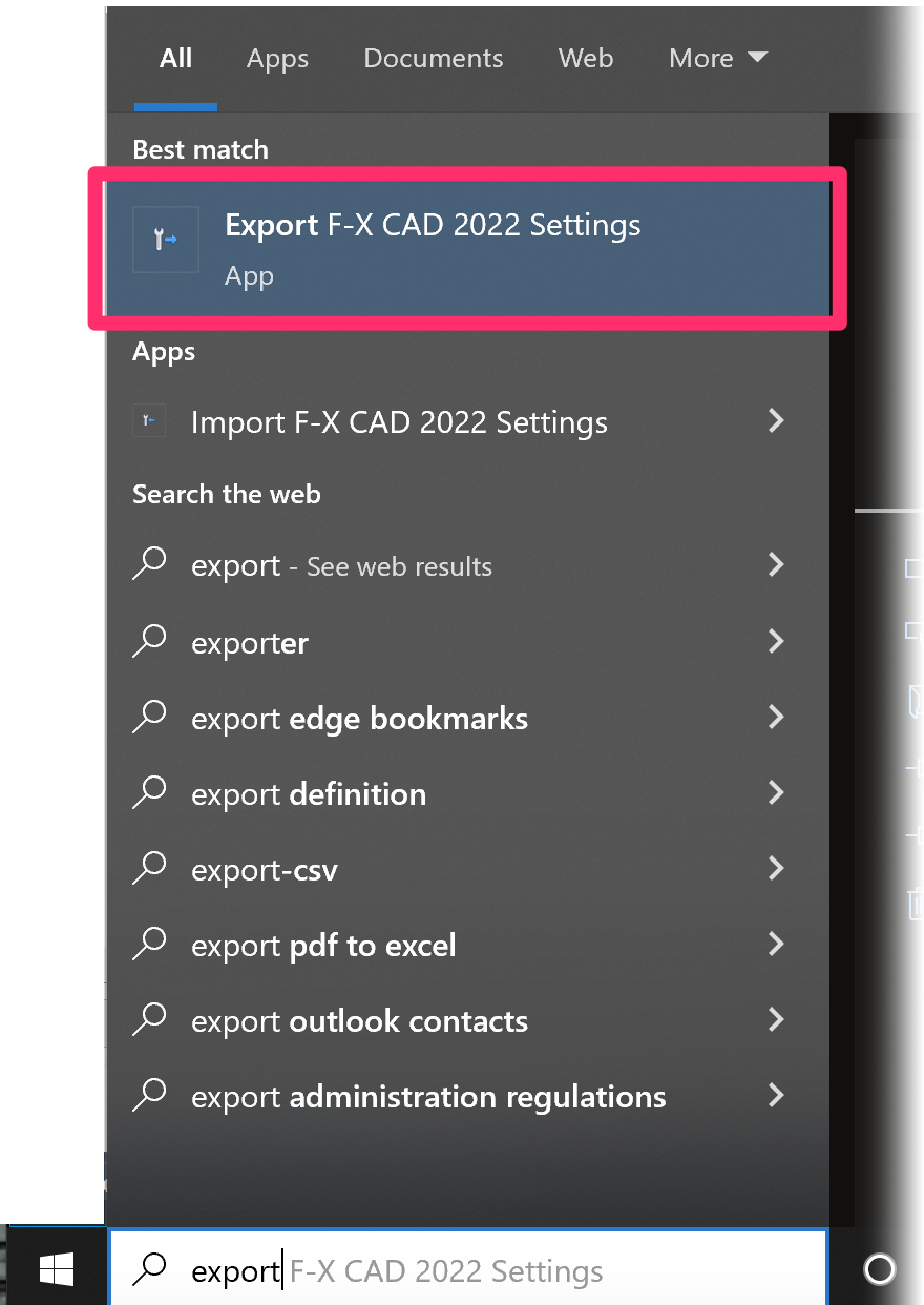 Export F/X CAD settings option in Start menu