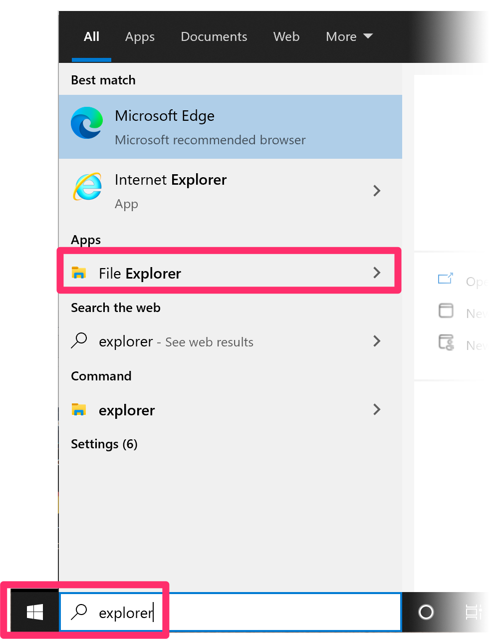 File Explorer option in Start menu