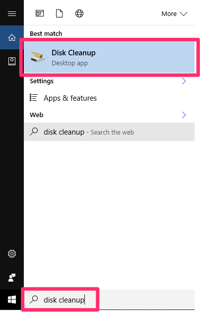 Disk Cleanup option in the Start menu