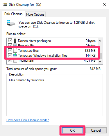 Disk Cleanup utility with Temporary files and Temporary Windows installation files options selected