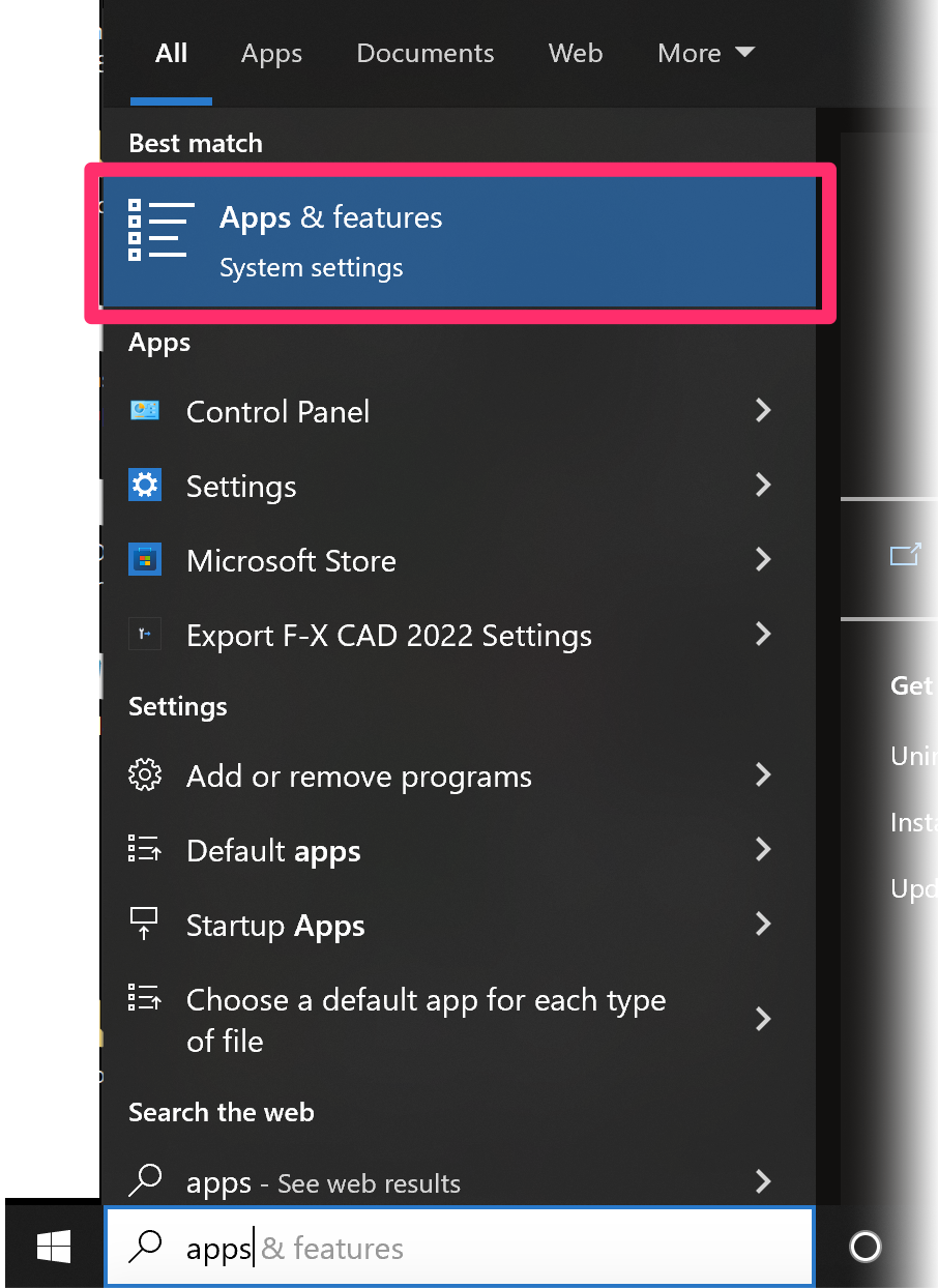 Apps and features option in the Windows Start menu