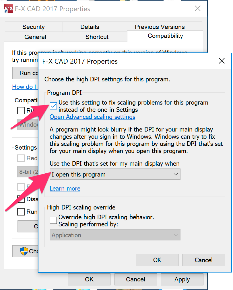 Properties dialog box, Program DPI option, and menu set to I open this program