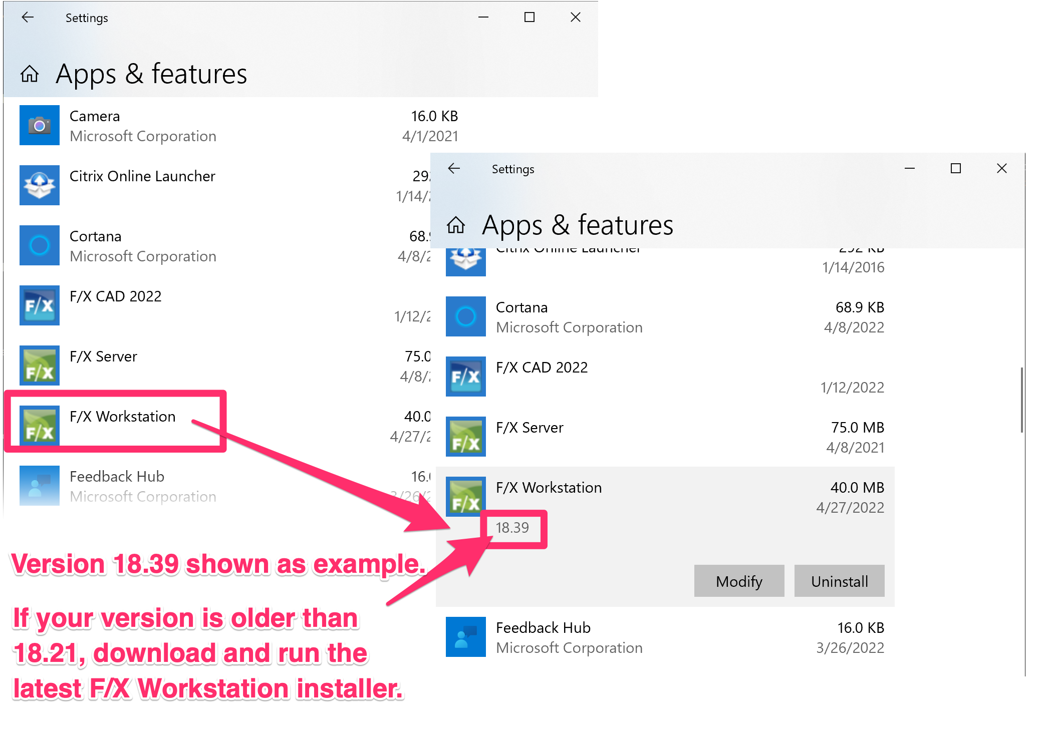 F/X Workstation version displayed in Apps and features dialog box