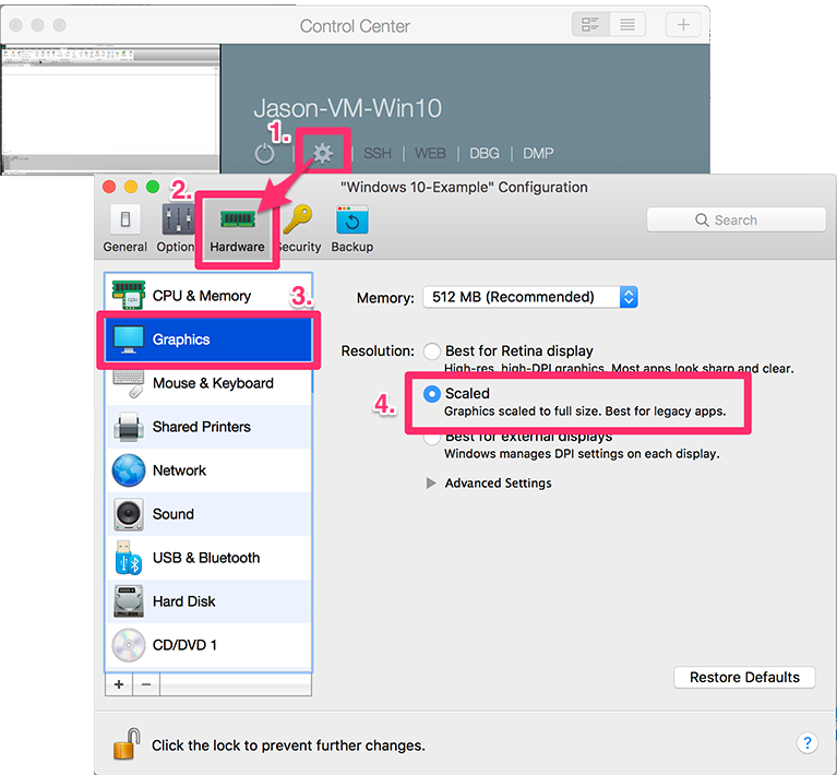Parallels Control Center, Graphics tab, recommended settings