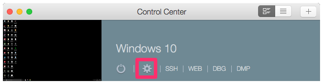 In the Parallels Control Center, click the Gear icon