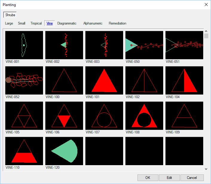 Plant symbol selection dialog box, Vines symbols