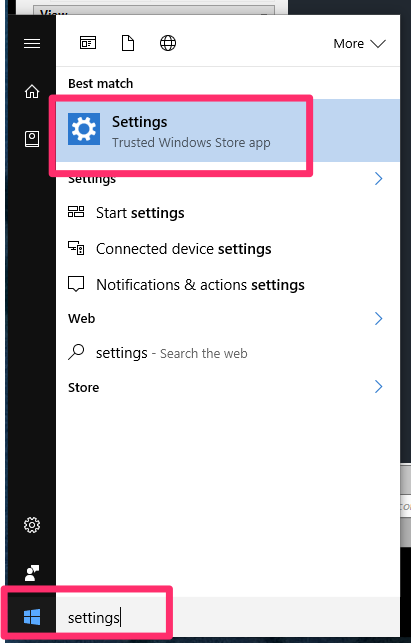 Windows Start menu, Settings option