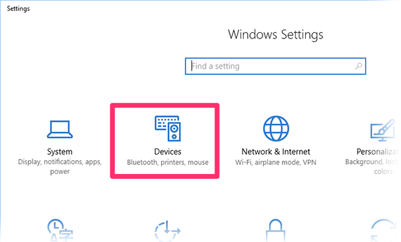 Windows Settings dialog box, Devices option