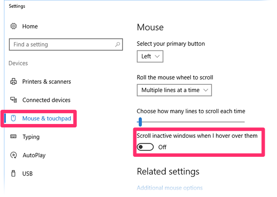 Mouse and Toucpad settings, Scroll inactive windows when I hover over them option turned off