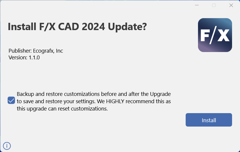 Install prompt for F/X CAD 2024 Updater