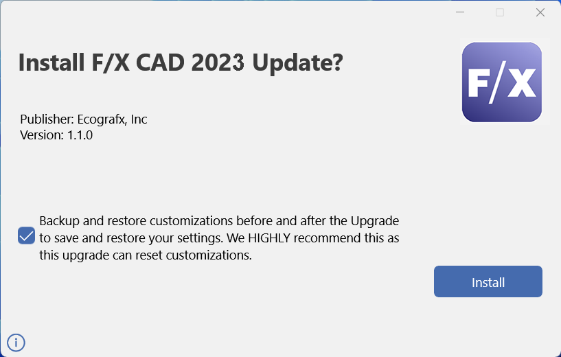 Install prompt for F/X CAD 2023 Updater
