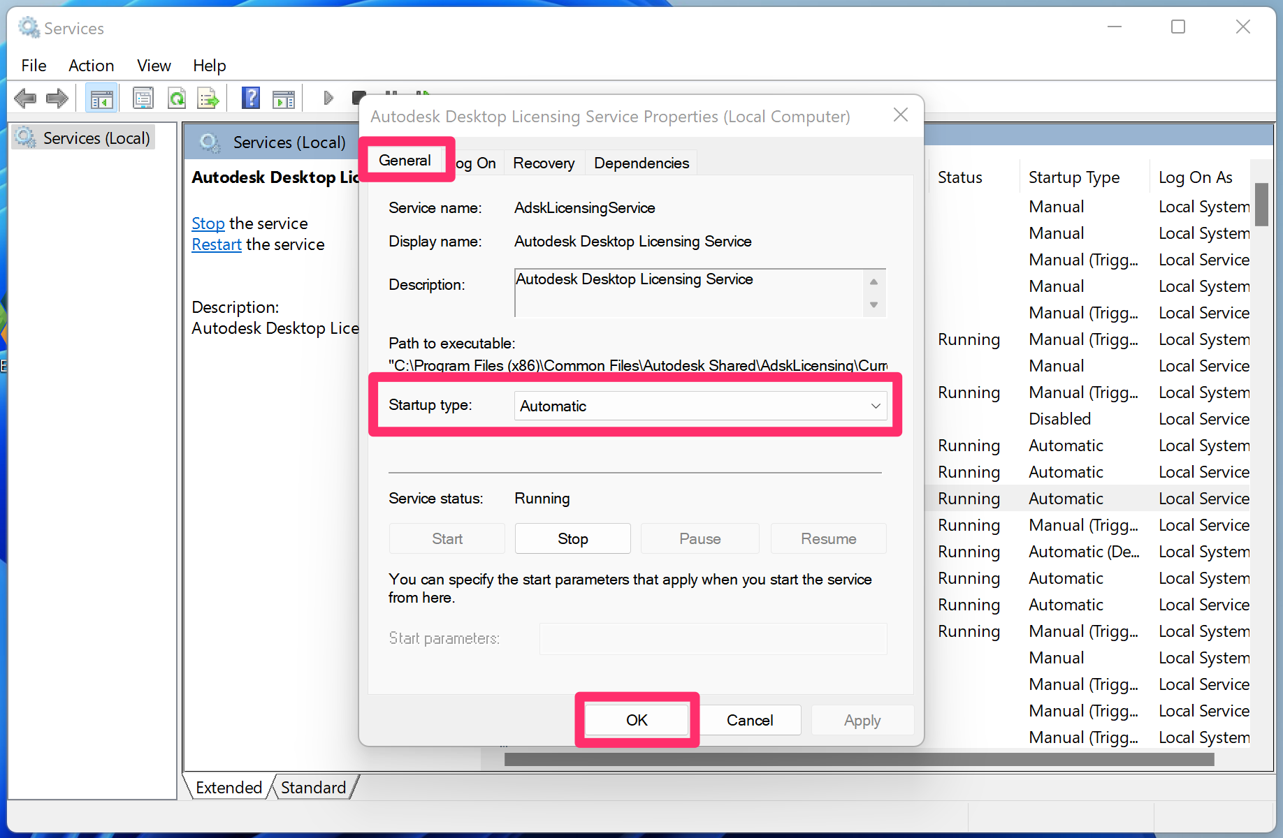 Verify that the autodesk desktop licensing service is running properly