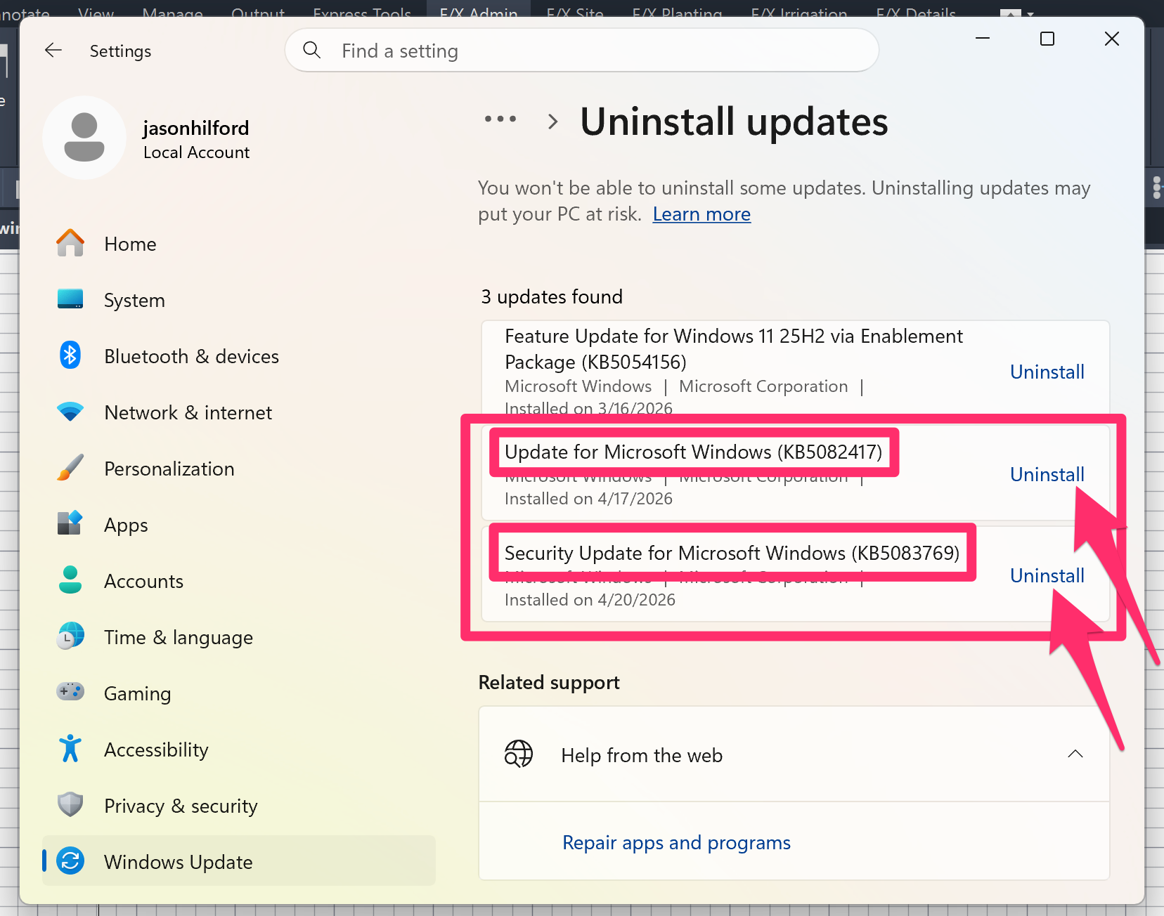 Uninstalling Windows Updates KB5082417 and KB5083769