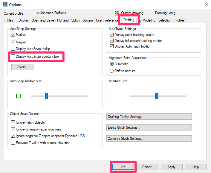 Options dialog box, Drafting tab