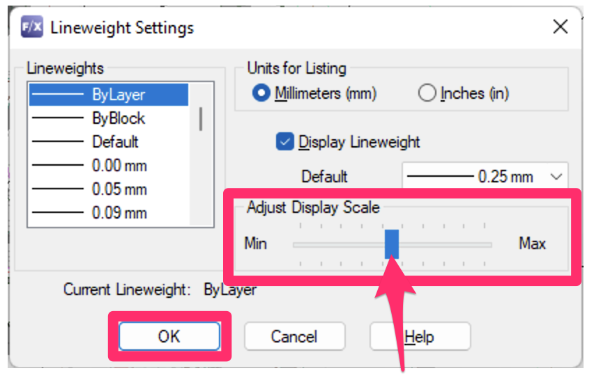 Lineweight Settings dialog box, Adjust Display Scale setting