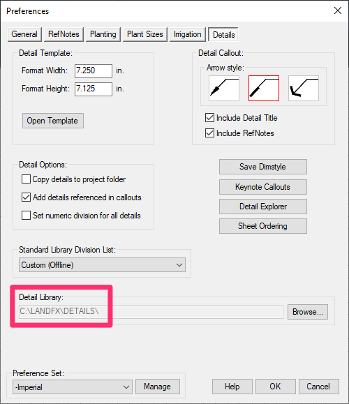 Opening the detail library from the Details Preferences