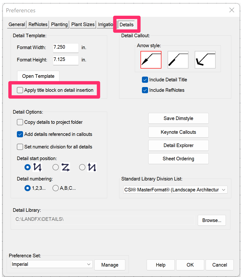Details Preferences, Apply title block on detail insertion option unchecked
