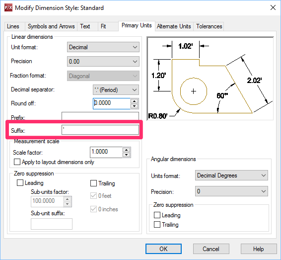 Modify Dimension Style dialog box, Primary Units tab, Suffix setting