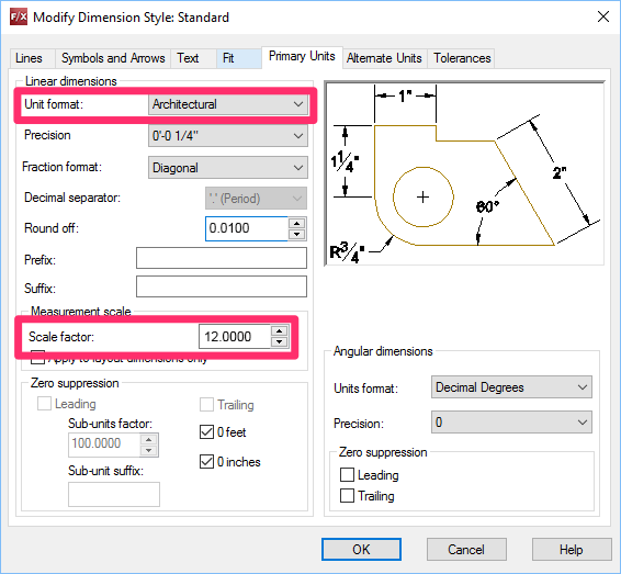 Modify DimStyle dialog box, Unit format and Measurement scale settings