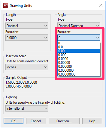 Drawing Units dialog box, Precision setting