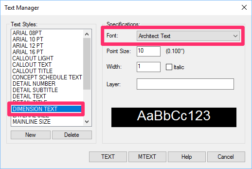 Dimension Text style set to Architectural Text font