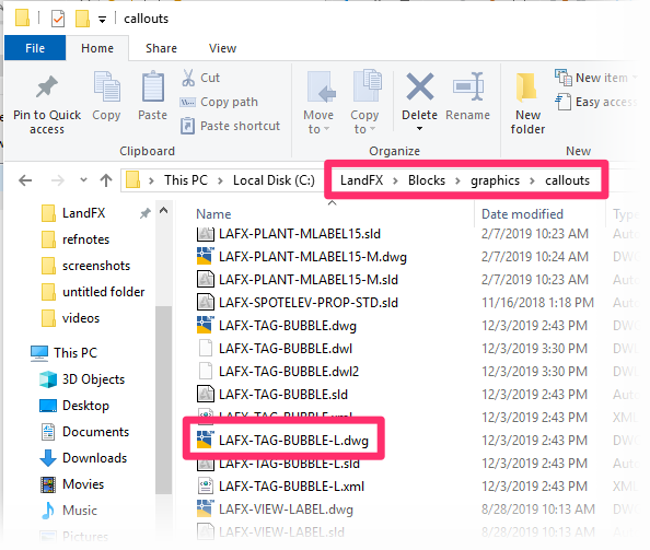 Opening the callout source file in the folder LandFX\Blocks\graphics\callouts