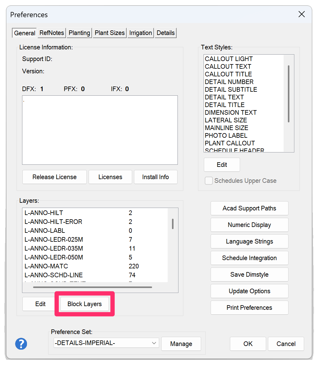 General Preferences screen, Block Layers button