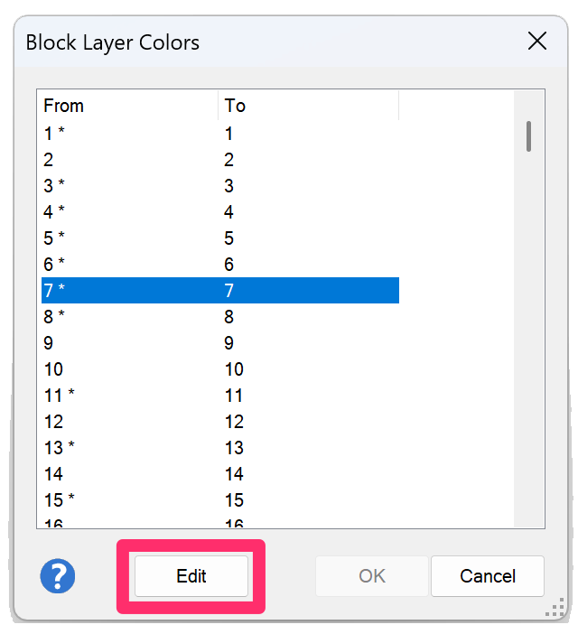 Block Layer Colors dialog box, color 7 selected
