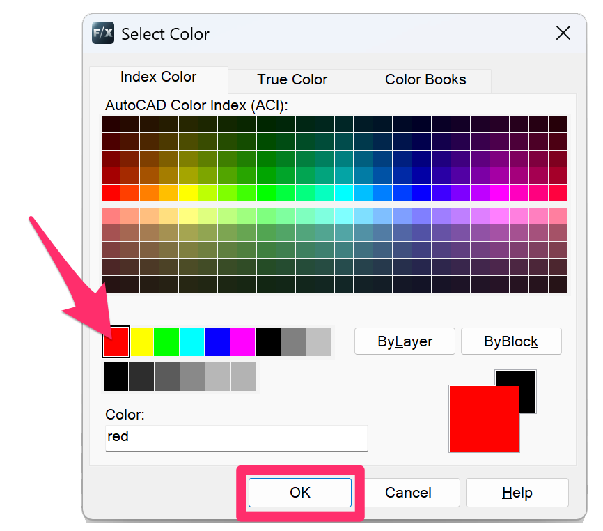 Select Color dialog box, color 1 (red) selected